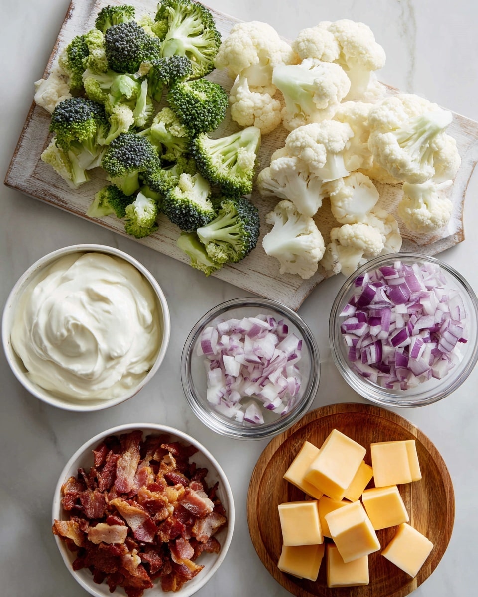 The image shows a white marbled surface with various cooking ingredients arranged on it. At the top center, there are two piles of chopped vegetables on a light wooden board: on the left, green broccoli florets, and on the right, white cauliflower pieces. Below the board, from left to right, there is a small white bowl filled with creamy white sour cream. To the right of the packet, there is a small glass bowl containing finely chopped light purple onions. Further down, there is a small white bowl filled with chopped cooked bacon pieces on the left, a larger white bowl with white mayonnaise in the middle, and a round wooden plate on the right holding small cubes of light orange jack cheese. Photo taken with an iphone --ar 4:5 --v 7