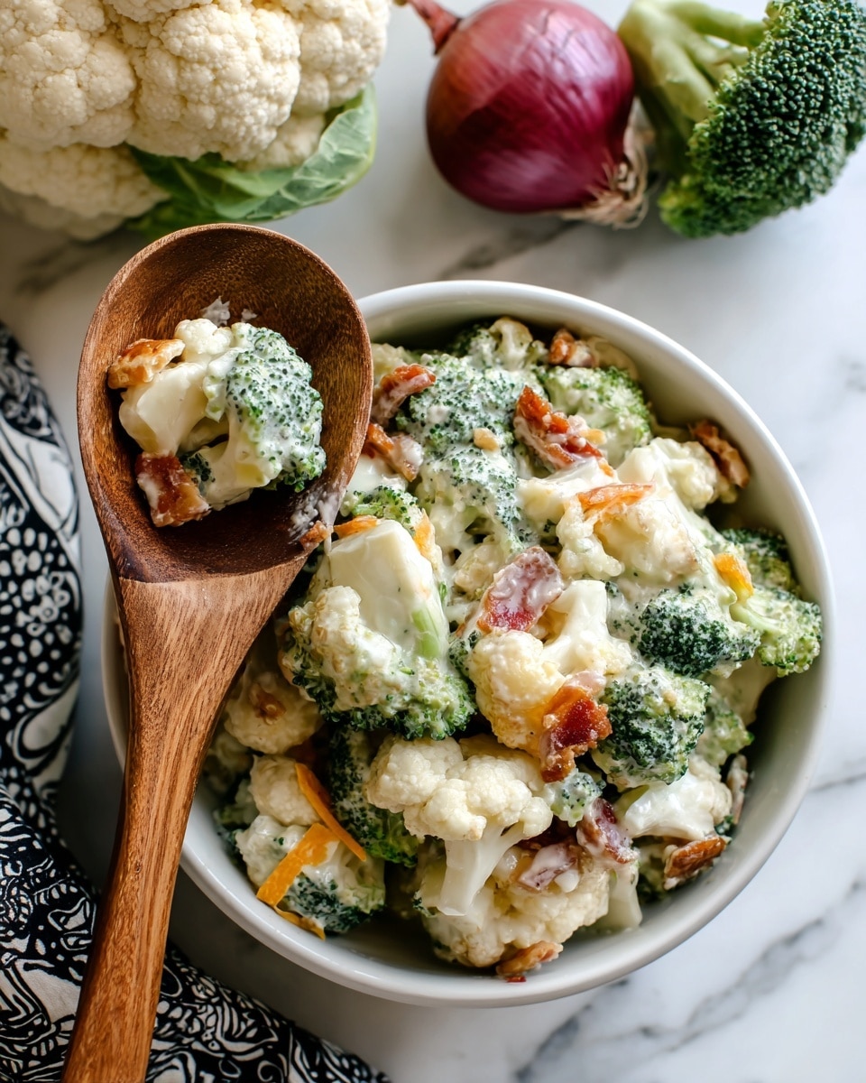 A close-up of a white bowl filled with a salad made of small broccoli pieces, white cauliflower pieces, orange cubes (likely cheese), and small bits of bacon mixed with a creamy white dressing. A wooden spoon with a scoop of the salad is held above the bowl by a woman's hand showing the layers of broccoli green, cauliflower white, orange cheese, and pink bacon all covered in creamy white sauce. The bowl sits on a white marbled surface next to a red onion, broccoli head, and cauliflower head. A folded black and white patterned cloth is partly visible under the bowl. photo taken with an iphone --ar 4:5 --v 7