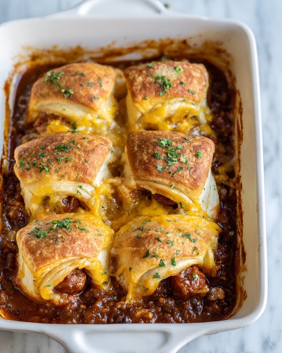 The image shows a baking dish with four folded golden brown crescent rolls, each topped with small green herb bits. Inside each crescent roll is a visible cooked sausage link surrounded by melted yellow cheese that oozes slightly out onto the edges. The crescent rolls sit in a thick, dark brown sauce that has a chunky texture and coats the bottom and sides of the dish. The cheese and sausage create bright spots of yellow and reddish-brown color under the light brown folded dough. The background surface is a white marbled texture. photo taken with an iphone --ar 4:5 --v 7