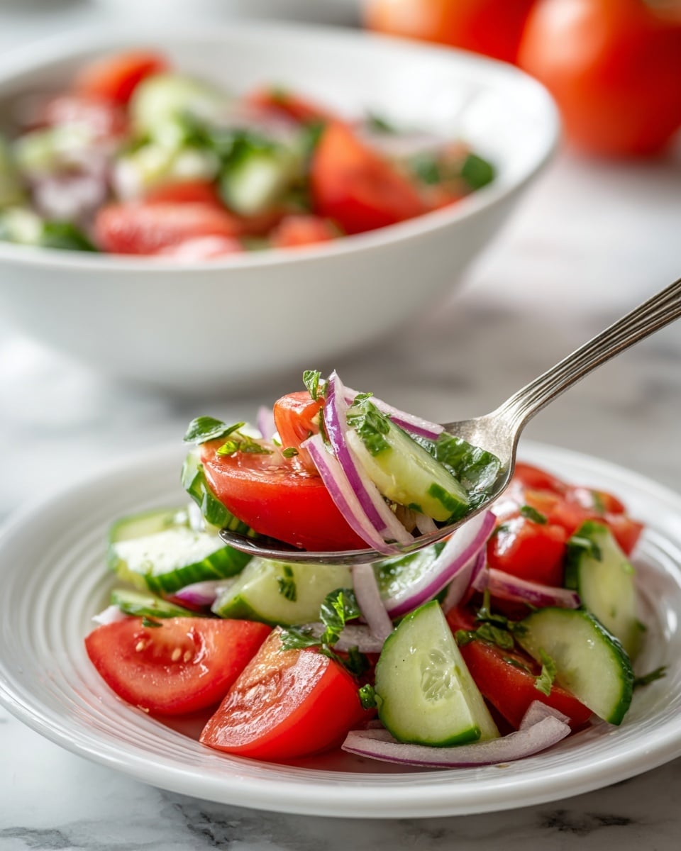 A fresh salad is shown with three clear layers of ingredients: the bottom layer is bright red tomato chunks with smooth, juicy texture; the middle layer reveals crisp cucumber slices with green skin and pale flesh, some thin half-moons visible; the top layer consists of thin strips of purple onion and small green herb leaves scattered over all. The salad sits on a white plate in the lower part of the image, with a spoon holding a bit of the salad in the foreground. In the background, a white bowl filled with more salad and some blurred tomatoes and herbs rest on a white marbled surface. photo taken with an iphone --ar 4:5 --v 7