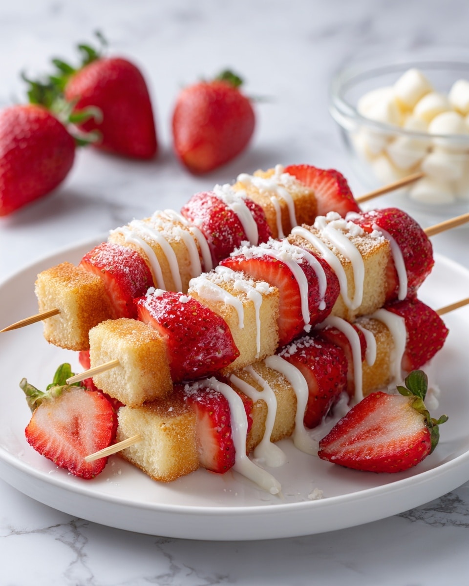 Three skewers lie stacked on a white plate, each skewer showing alternating layers of bright red strawberries and light golden cake cubes. The strawberries have a smooth texture, with some cut in half to show their juicy interior, while the cake pieces look soft and spongy. A drizzle of white icing runs over the top of the strawberries and cake, creating a shiny, slightly thick, uneven pattern. The plate sits on a white marbled surface with two whole strawberries placed nearby and a transparent bowl with white chocolate chips blurred in the background. Photo taken with an iphone --ar 4:5 --v 7