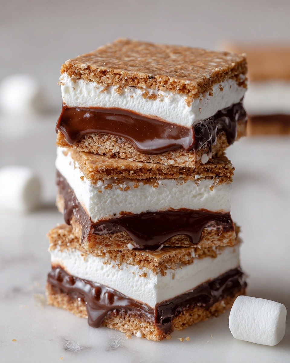 The image shows a stack of three layered treats on a white marbled surface. Each treat has four layers: the top and bottom layers are light brown graham crackers with a rough texture, the second layer is thick and smooth white marshmallow, and the third layer is a dense, dark brown chocolate filling. The layers are neatly stacked, and a small white marshmallow sits near the bottom right of the stack. The background is bright, and the photo is clear and close-up. photo taken with an iphone --ar 4:5 --v 7