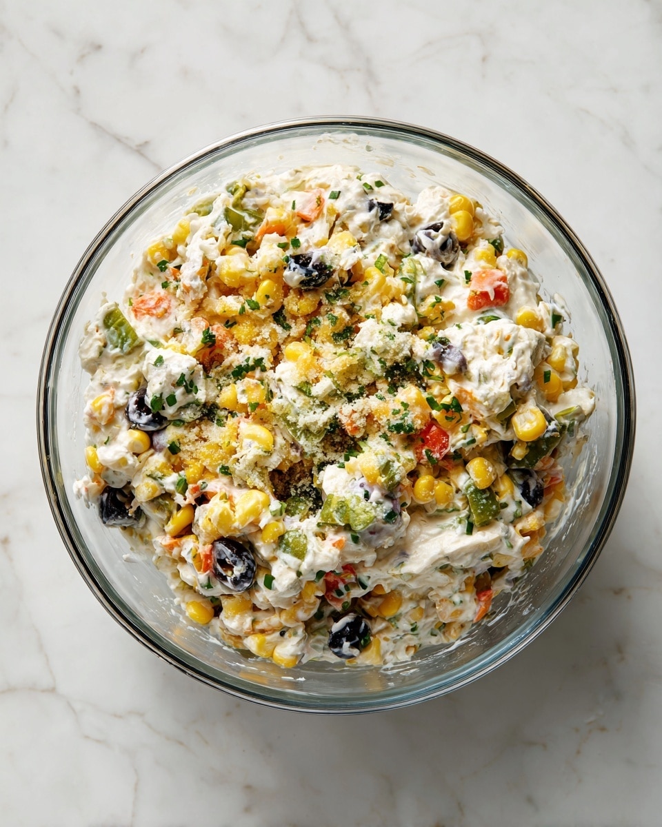 A clear glass bowl sits on a white marbled surface, filled first with separate, colorful layers including yellow corn, white mayonnaise, black olive slices, green chopped herbs, bright orange diced bell peppers, and finely grated light green zest along with some white powdery ingredient; the next image shows the same bowl with all these ingredients mixed evenly into a creamy white salad dotted with colorful bits of corn, olives, herbs, and peppers, creating a textured, thick mixture. photo taken with an iphone --ar 4:5 --v 7