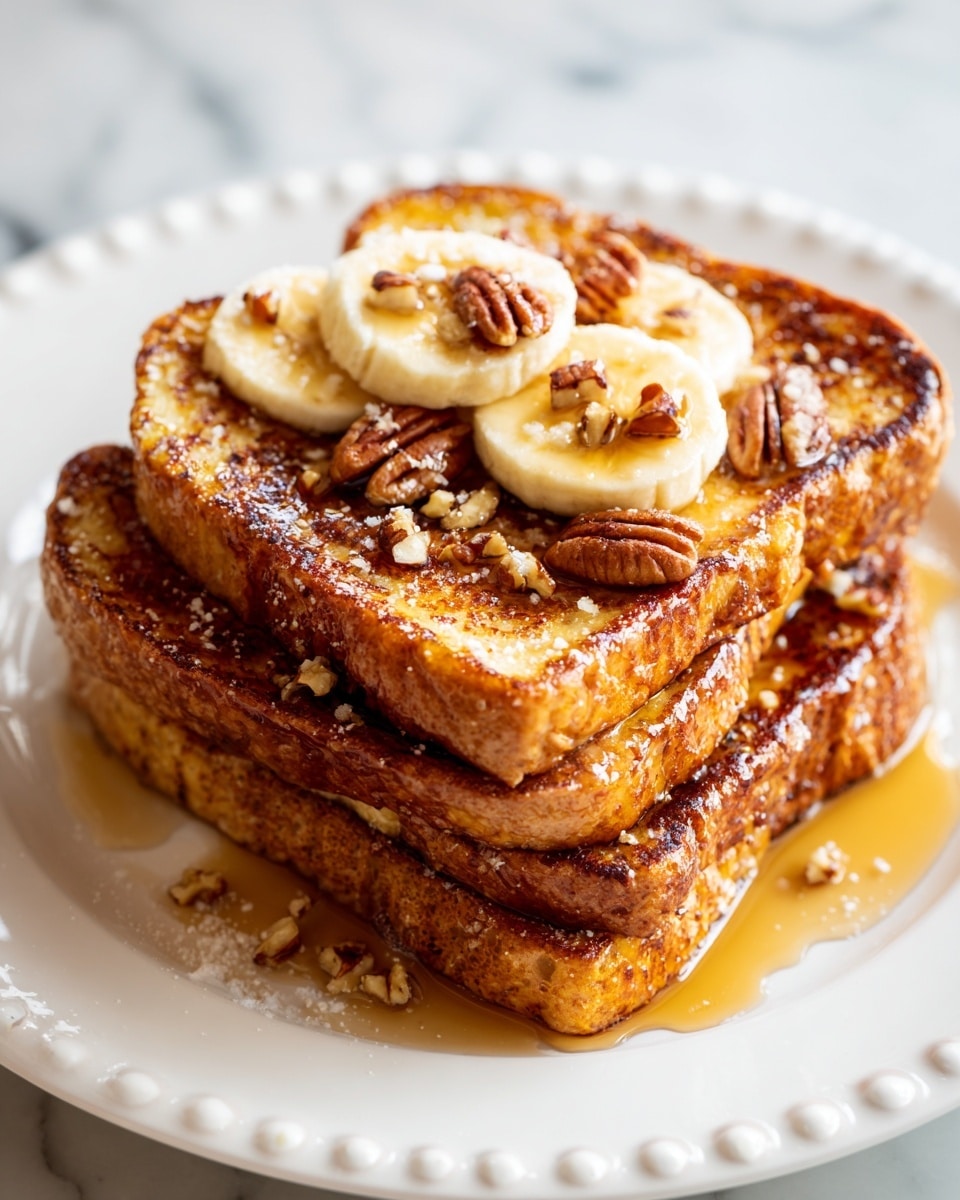 Three thick slices of toasted French toast with a golden brown, slightly crispy texture are stacked on a white plate with small round indents. The top of the stack is garnished with small pieces of pecans and a light drizzle of syrup, pooling around the edges of the plate. Two banana slices sit on top and one slice peeks out from underneath, adding soft cream and yellow tones. The plate rests on a white marbled surface, and the photo is taken with an iphone --ar 4:5 --v 7