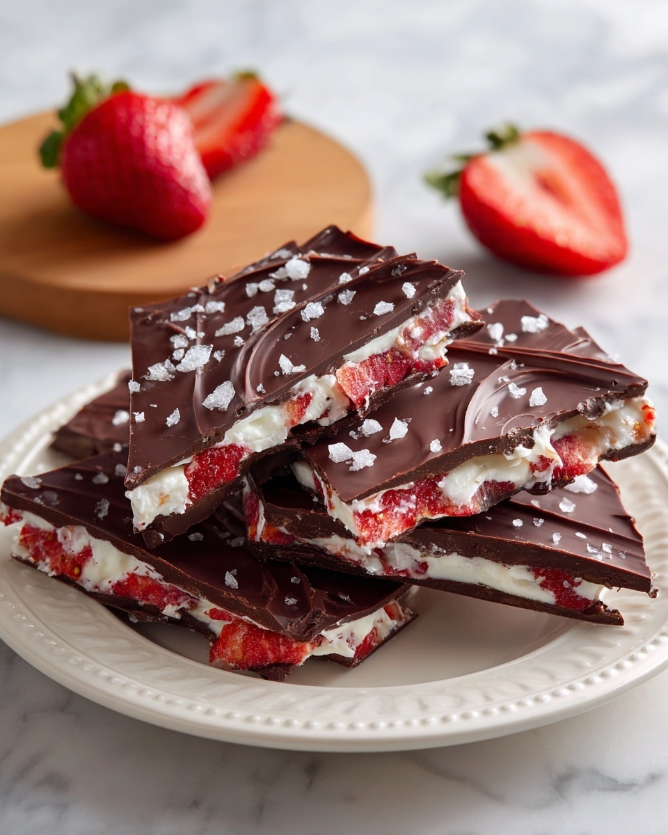 The image shows a white plate with a decorative edge, holding several pieces of dark chocolate-covered strawberry bark. The top layer is dark chocolate, smooth but with uneven and natural curves, sprinkled lightly with coarse white salt. Beneath the chocolate is a thick white creamy layer mixed with chunks of bright red strawberries, cut to show the inside. A whole strawberry, cut in half, sits in the background on a round wooden board, all on a white marbled surface, showing a mix of textures and bright natural colors. Photo taken with an iphone --ar 4:5 --v 7