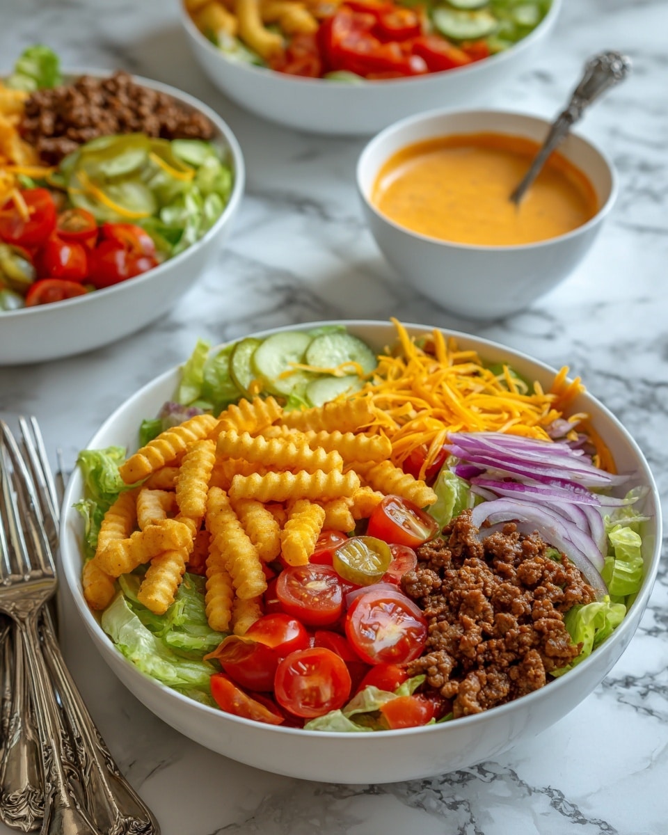 The dish shows a white bowl filled with layers starting with green lettuce at the bottom, topped with ground beef on one side, golden crinkle-cut fries on the other, shredded orange cheddar cheese, sliced red and yellow cherry tomatoes, green pickle slices, and thin strips of red onion arranged neatly over the ingredients; in the background, there is a white bowl with a creamy orange sauce and a spoon inside, and more white bowls with similar salad layers and cherry tomatoes on a white marbled surface, with two ornate silver forks placed next to the main bowl photo taken with an iphone --ar 4:5 --v 7