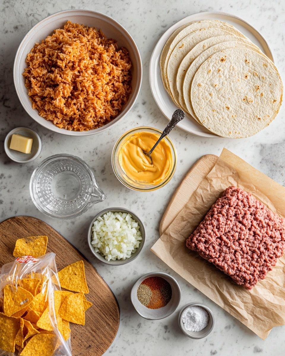 The image shows a white bowl filled with orange-brown Mexican rice in the top left, a white plate with six light beige flour tortillas slightly overlapping in the top right, and a square block of raw pink ground beef resting on brown parchment paper in the middle right. Next to the bowl of rice is a glass bowl of yellow cheese sauce with a spoon. Below, remains a small glass measuring cup with clear water, a small silver bowl with chopped white onions, and at the bottom left, a yellow and orange bag of corn chips spilling out. Nearby, there is a small wooden round board with a pat of light yellow butter, a small white dish with salt, a small white cup containing black pepper, and a gray bowl with reddish-brown taco seasoning. The whole setup is on a white marbled background surface with clear bold black and white text labeling the ingredients. Photo taken with an iphone --ar 4:5 --v 7