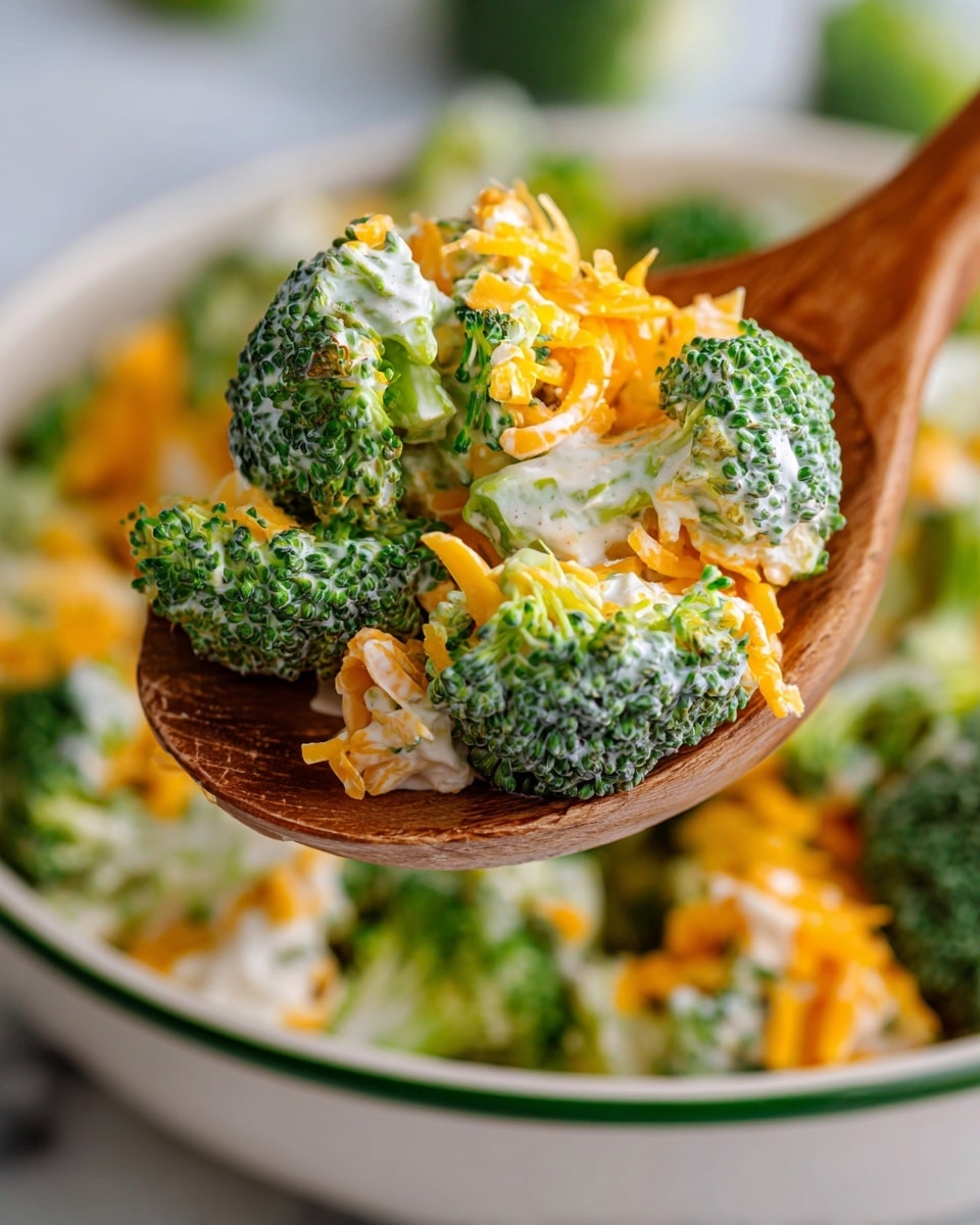 A close-up view of a spoonful of broccoli salad held by a wooden spoon, showing three main layers: bright green broccoli florets with a rough, natural texture at the top, mixed with shredded orange cheddar cheese and creamy white dressing; bits of chopped white onion are visible among the broccoli and cheese layers; the background shows more of the salad in a white bowl with a green rim on a white marbled surface. Photo taken with an iphone --ar 4:5 --v 7