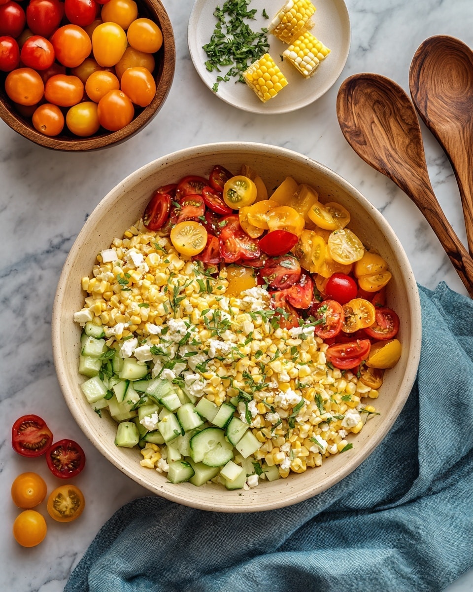 A large beige bowl filled with a colorful corn salad sits on a white marbled surface. The salad has three main layers: the base layer is bright yellow corn kernels, mixed with small white cheese chunks spread evenly throughout. The second layer has diced green cucumber pieces scattered all over, adding a fresh contrast to the yellow corn. The top layer includes halved red and yellow cherry tomatoes, and bits of chopped fresh green herbs sprinkled evenly for color and texture. Around the bowl, there is a small plate with three bright yellow corn cob pieces, a wooden bowl with red and orange cherry tomatoes, some green herb sprigs, and two wooden spoons lying nearby on a blue cloth. photo taken with an iphone --ar 4:5 --v 7