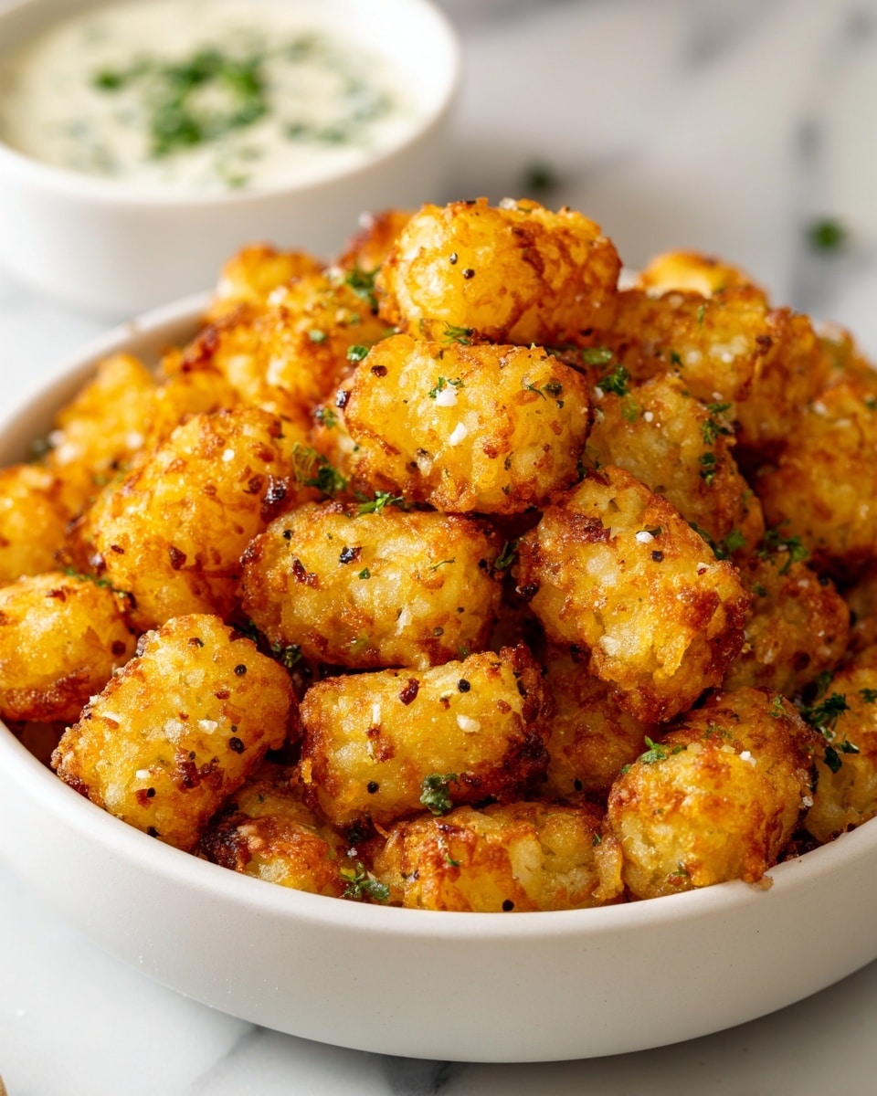 A white bowl filled with golden-brown tater tots, each piece showing a crispy and slightly rough texture with small dark seasoning spots spread evenly. The tater tots are piled high inside the bowl, giving a sense of fullness. The bowl is placed on a white marbled surface, with a blurred small white dish containing a creamy sauce topped with green herbs visible in the background. photo taken with an iphone --ar 4:5 --v 7