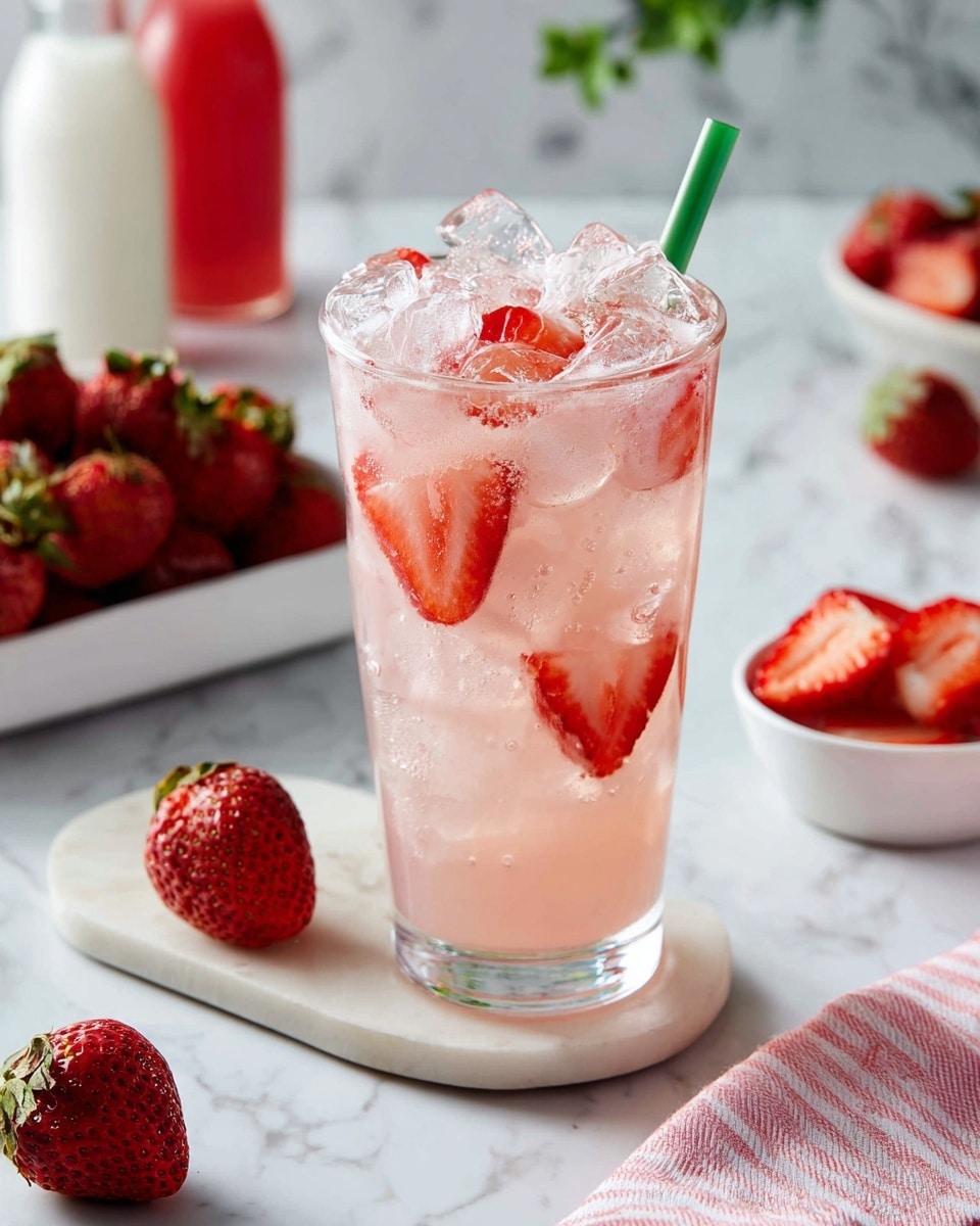 A tall clear cup with the Starbucks logo holds a pink drink filled with ice cubes and visible slices of bright red strawberries near the top and middle layers. A green straw is being held by a woman's hand, stirring the drink from above. The cup sits on a round white coaster placed on a white marbled surface. Around the cup, there are fresh whole strawberries scattered, a white bowl with sliced strawberries, a red container, a glass bottle with white liquid, a white wooden crate full of strawberries, and a wooden muddler with a textured tip on the left side. A pink cloth is laid on the right side of the surface. The background is soft pink with out-of-focus containers. photo taken with an iphone --ar 4:5 --v 7