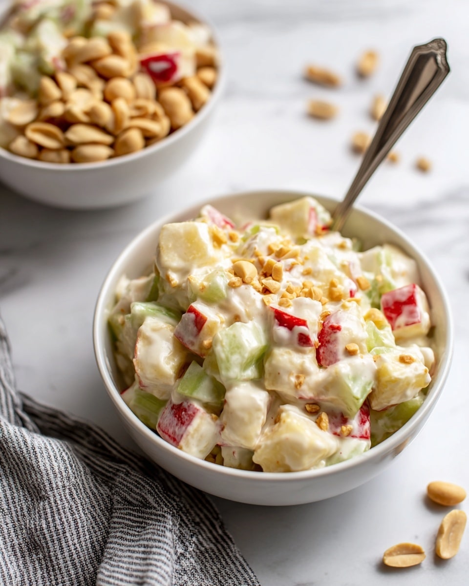 A close-up view shows a white bowl filled with a creamy fruit salad containing visible pieces of red apple, green celery, and light yellow pineapple, all coated in a thick white dressing, sprinkled with small golden peanut pieces on top. Next to it, there is another white bowl filled with whole roasted peanuts highlighted by a silver spoon inside. The bowls sit on a white marbled surface, and part of a gray and white striped cloth is near the bottom left corner. The scene is bright and clean, with a focus on the fresh and creamy texture of the fruit salad. Photo taken with an iphone --ar 4:5 --v 7