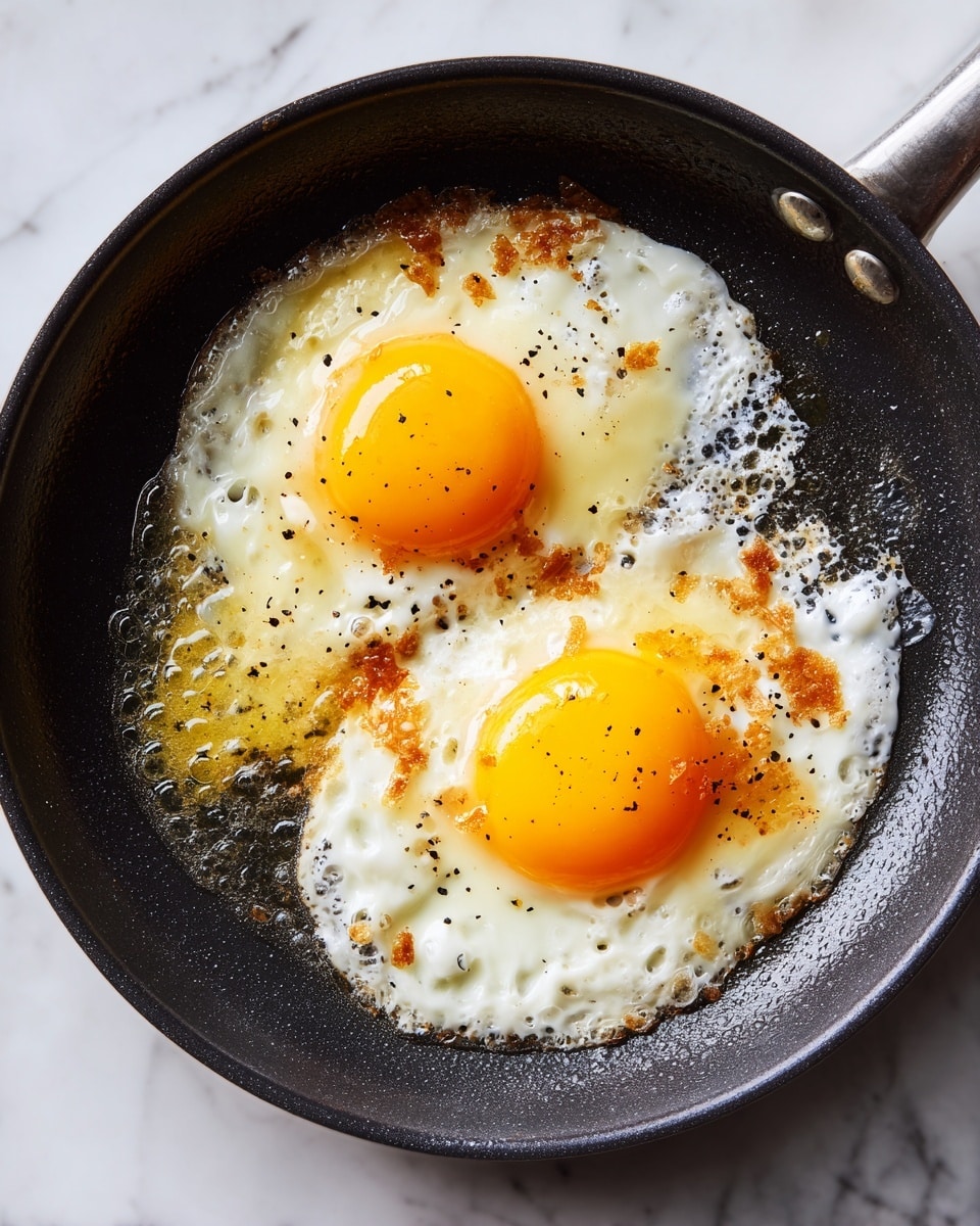A round black frying pan containing two sunny side up eggs with bright yellow yolks in the center, surrounded by white cooked egg whites. Around the eggs are small textured brown crispy bits, scattered evenly. The pan holds a shiny layer of golden oil, pooling mostly on one side, with small bubbles visible. The frying pan is placed on a white marbled surface. photo taken with an iphone --ar 4:5 --v 7