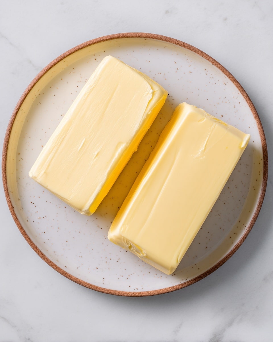 The image shows two rectangular sticks of pale yellow butter with smooth, slightly glossy surfaces, placed side by side on a round white speckled plate with a light brown rim. The butter sticks have clean, straight edges and a soft texture with faint marks. The plate is set on a white marbled surface that adds a clean and bright background to the composition. photo taken with an iphone --ar 4:5 --v 7