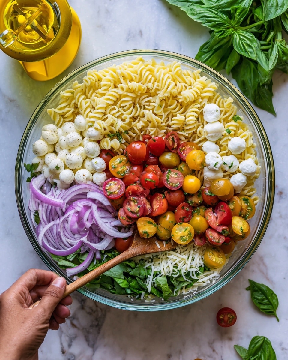 A large clear glass bowl filled with a bright colorful pasta salad is shown from above. The salad has four main layers: a base of fresh green basil leaves at the bottom, topped with thinly sliced purple onions and small white mozzarella balls in the middle, then a layer of light yellow cooked curly pasta, and finally a layer of halved bright red and yellow cherry tomatoes on top. Two wooden spoons rest inside the bowl, one held by a woman's hand, stirring the ingredients. The bowl sits on a white marbled surface with a yellow citrus juicer, a glass bottle of olive oil, and loose basil leaves placed beside it. Photo taken with an iphone --ar 4:5 --v 7