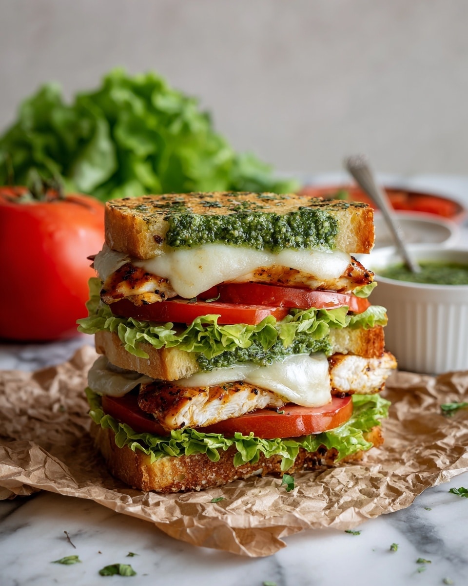 The image shows a sandwich with five main layers stacked on white focaccia bread, which is sprinkled with herbs on top. The bottom layer is a piece of lettuce with bright green ruffled leaves, followed by a thick red tomato slice. On top of the tomato is a grilled chicken piece covered with melted white cheese, and the top layer is a green pesto sauce spread over the upper bread slice. The sandwich is placed on crumpled brown paper, with a whole tomato and lettuce leaves in the background on a white marbled surface. There is also a white bowl filled with green pesto sauce and a spoon beside it. photo taken with an iphone --ar 4:5 --v 7