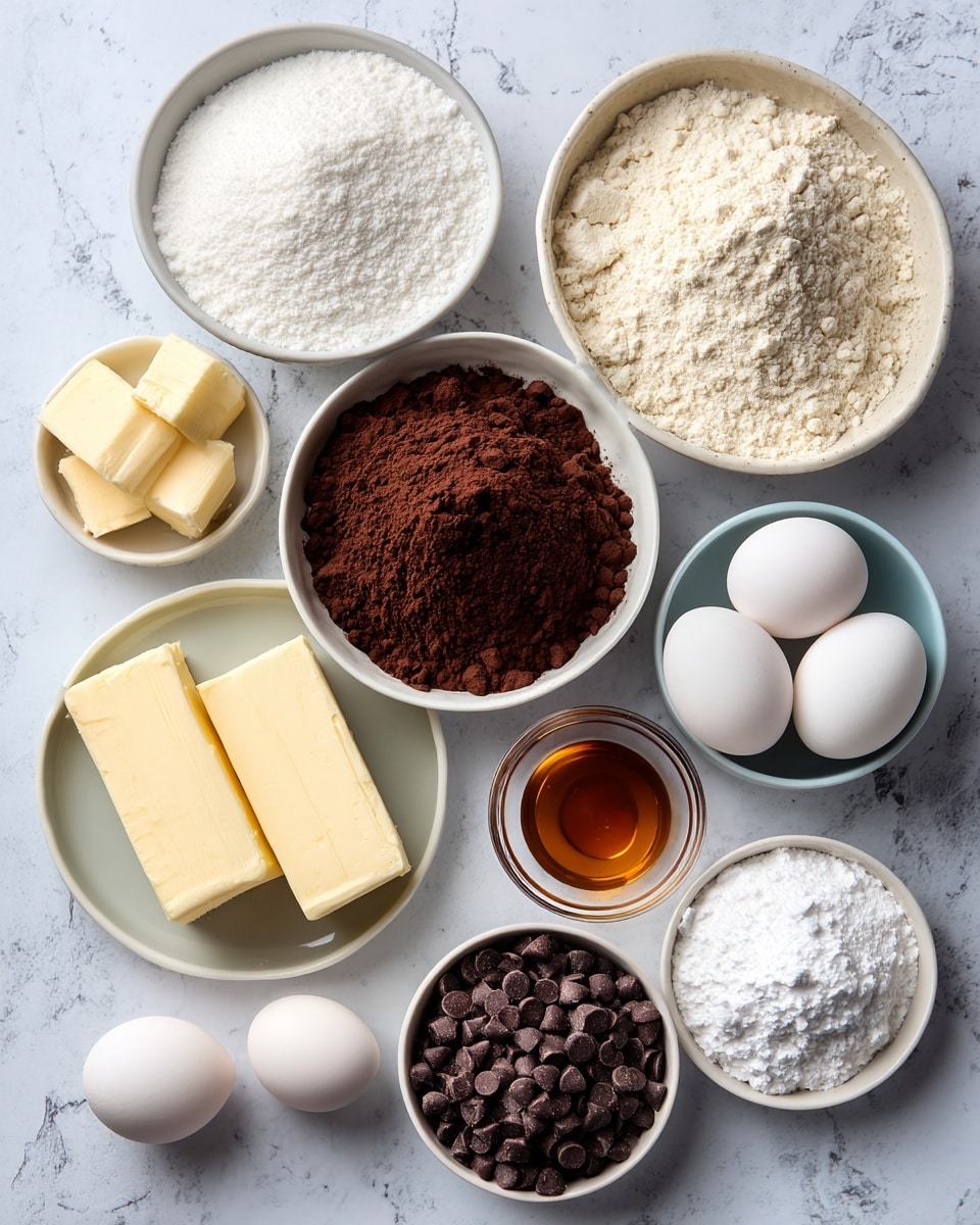 The image shows a flat lay of baking ingredients for cookie dough brownies on a white marbled surface. There are ten white bowls and plates arranged in a rough circle: the top left bowl holds white sugar with a fine texture, top right contains flour with a pale off-white color, the middle bowl below flour is filled with dark brown unsweetened cocoa powder, a small white bowl next to cocoa has a small amount of baking powder with a powdery white color. Two sticks of unsalted butter, pale yellow and wrapped in paper, lie below the sugar bowl. One small glass bowl filled with amber-colored vanilla extract is placed near the bottom middle, next to two white eggs with smooth shells. Another small bowl holds mini chocolate chips that are dark brown and shiny, and the last bowl at the bottom right corner contains powdered sugar, white and fluffy. Each ingredient has a black label with white text on or near the bowl identifying it. Photo taken with an iphone --ar 4:5 --v 7