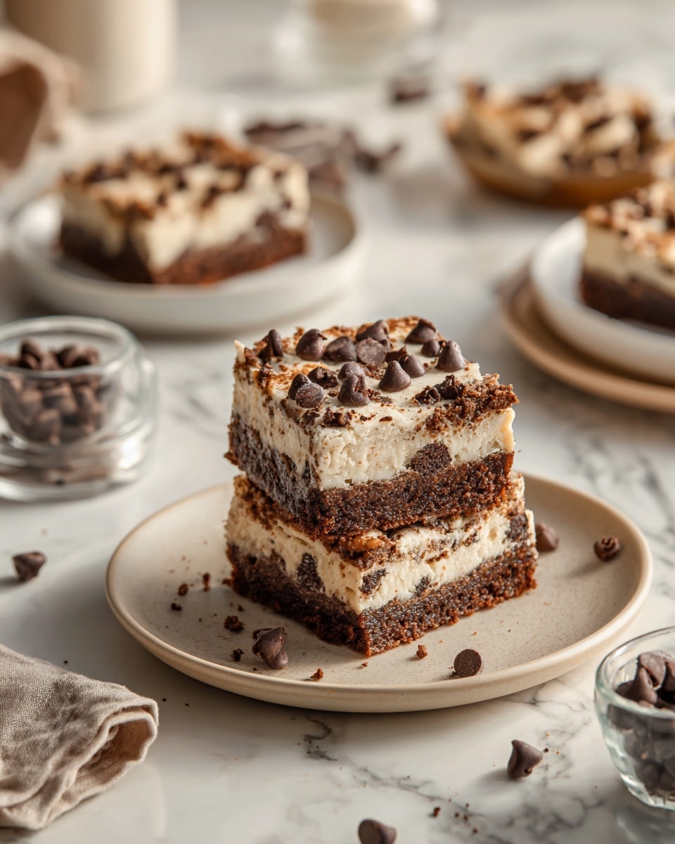 The image shows a stack of square dessert bars on a beige plate with two layers: a dark brown chewy-looking base and a thick top layer of lighter cream color filled with small dark chocolate chips. The top layer’s texture looks soft and slightly crumbled, and the chocolate chips are scattered evenly, some slightly melted. Around the plate on a white marbled surface, there are more bars on white plates, some loose chocolate chips, and small clear containers filled with chocolate chips. The whole scene is well lit with soft natural light, creating a warm and inviting look. photo taken with an iphone --ar 4:5 --v 7