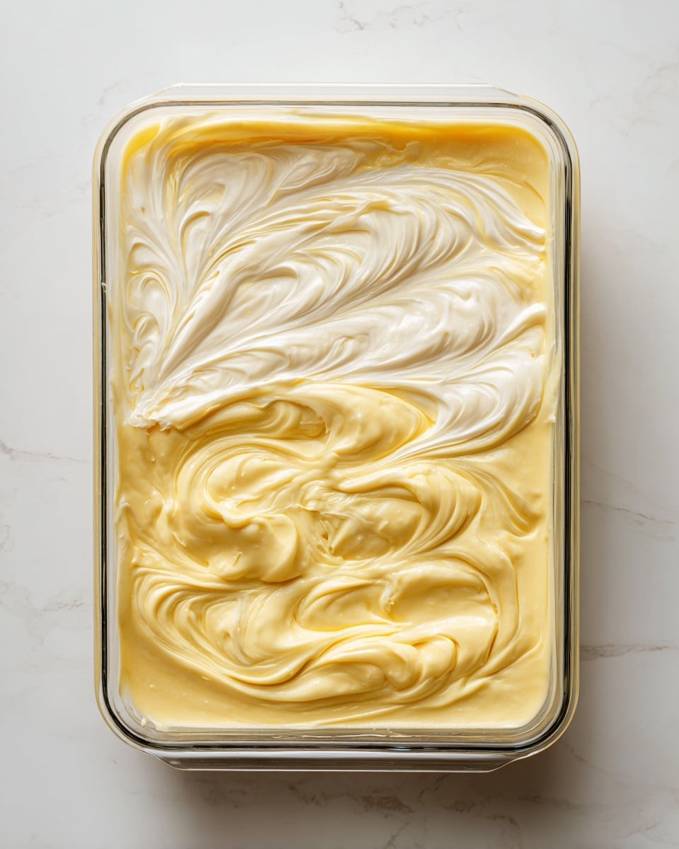 A glass rectangular dish sits on a white marbled surface, filled with a smooth mixture featuring two visible layers that are gently swirled together. The first layer is pale yellow with a creamy texture, spread evenly across the bottom and top, while the second layer, a softer off-white, is mixed in as swirls throughout the yellow layer. The surface shows a marbled effect with fluid curves and waves, blending the two colors in a soft, flowing pattern. The dish is photographed from above, with a simple and clean presentation. photo taken with an iphone --ar 4:5 --v 7