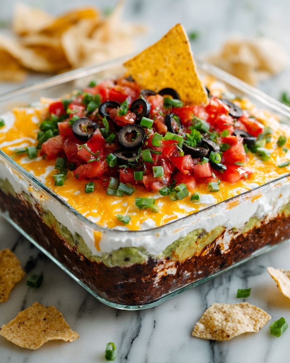 A clear glass dish shows a layered dip with five visible layers: the bottom layer is dark brown refried beans, topped by a green layer of guacamole, then a white layer of sour cream, followed by an orange layer of shredded cheddar cheese with some melted spots, and a top layer of red diced tomatoes sprinkled with green chopped scallions and black sliced olives. A large triangle-shaped tortilla chip is placed on the top layer. The dish is on a white marbled surface with some tortilla chips scattered around the corner. photo taken with an iphone --ar 4:5 --v 7