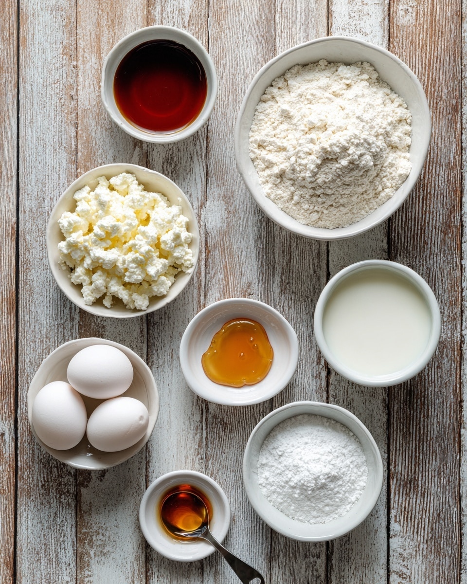 The image shows seven ingredients arranged neatly on a wooden table with a rustic look. At the top center is a small white bowl with dark amber vanilla extract. To the right of it is a small white bowl filled with white coconut oil or milk. Below vanilla, center stage, is a white bowl filled with fine white flour. To the left of the flour bowl is a small white bowl with crumbly white cottage cheese that almost looks like small curds. Below the flour bowl are two smooth white eggs in a small white bowl. To the right of the eggs is a very small white bowl containing white baking powder. At the very bottom center is a measuring spoon holding amber maple syrup. The setup is clean and the bowls are evenly spaced, all placed on a white marbled textured surface. Photo taken with an iphone --ar 4:5 --v 7