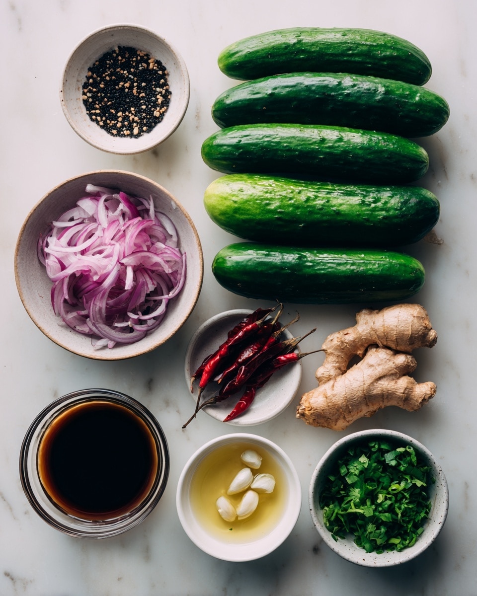 The image shows fresh cucumbers lined up at the top, bright green and smooth in texture. Below the cucumbers, there are small white bowls placed on a white marbled surface. From left to right, the first bowl contains small black sesame seeds, the next bowl holds a light yellow liquid mix labeled rice wine vinegar and mirin. To the right of this, two fresh ginger roots rest directly on the surface with their pale brown skin and knobby shape. Below the ginger, a small bowl filled with dark soy sauce sits. On the left side, a red serrano pepper lies next to a transparent bowl full of thinly sliced purple-red onions. Below the onions, there is a small white bowl with two garlic cloves. Next to it, a white bowl is filled with finely chopped bright green cilantro. photo taken with an iphone --ar 4:5 --v 7