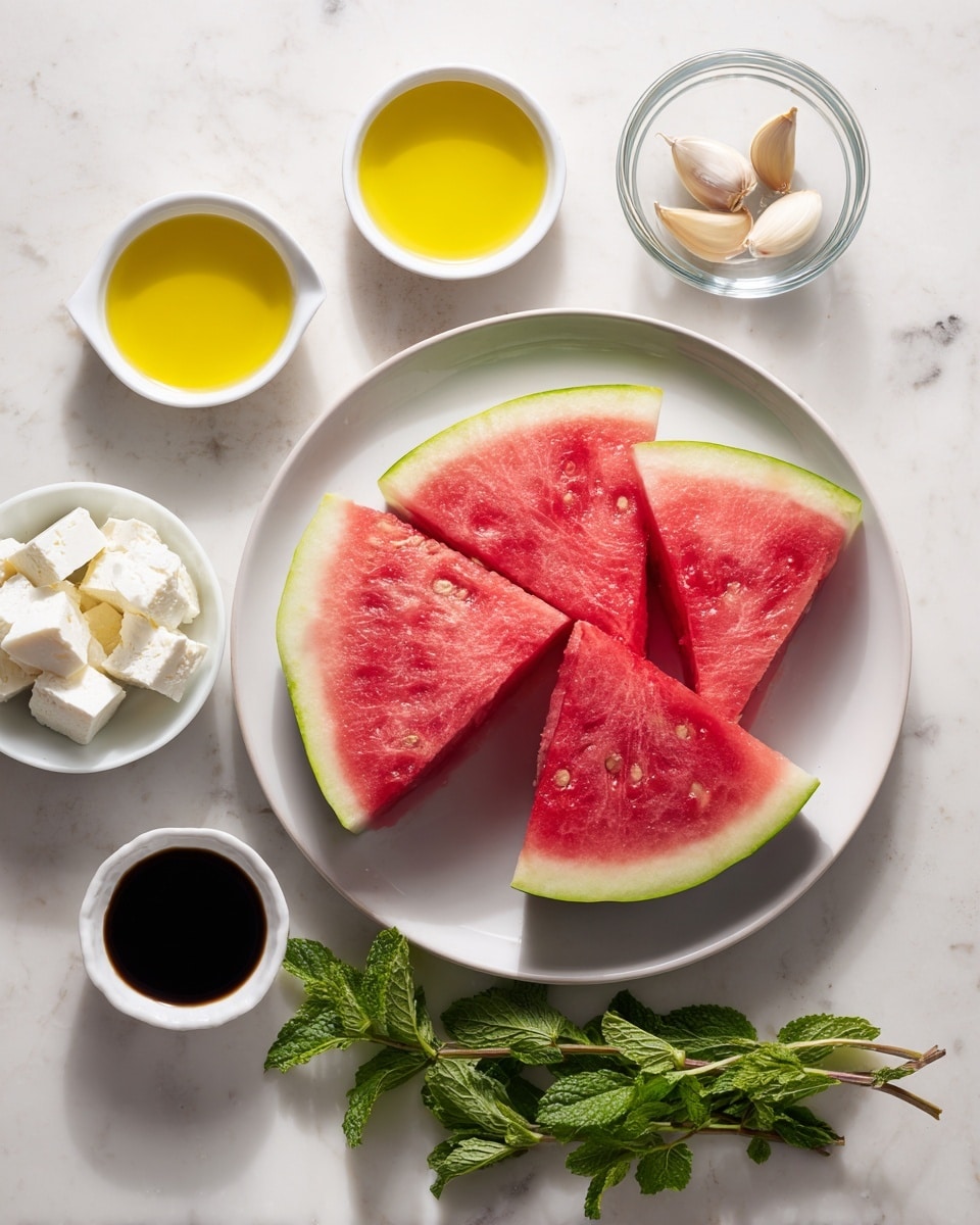 The image shows a round white plate on the right side with two large triangular slices of watermelon, featuring bright red flesh with some black seeds and light green rind on the edges. Next to the plate, on a white marbled surface, there are small white bowls with different ingredients arranged around the watermelon. At the top, two white ramekins hold yellow liquid labeled as liquid smoke and olive oil. Below them, a small clear glass bowl contains two garlic cloves. Below the garlic, a small clear dish holds dark balsamic vinegar. To the left of balsamic vinegar, a small white bowl holds white chunks labeled vegan feta. Near the bottom left corner, a bunch of fresh green mint leaves rests directly on the white marbled surface. The overall layout is neat and colorful with focused lighting, photo taken with an iphone --ar 4:5 --v 7