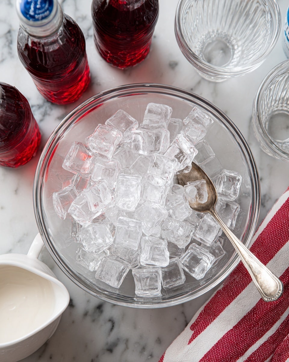 A clear glass bowl filled with shiny, transparent ice cubes sits in the center of the image, with a silver spoon resting inside it. Around the bowl are three slender glass bottles filled with dark red flavored syrup, a white plastic bottle of club soda with a blue label, and a small glass pitcher filled with white cream. Empty clear glasses are placed nearby. A red and white striped cloth is partially visible on the right side, all set on a white marbled surface. photo taken with an iphone --ar 4:5 --v 7