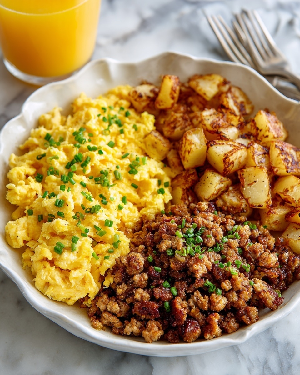 A white scalloped bowl holds three sections of food on a white marbled surface. The left side has scrambled eggs, bright yellow and fluffy with green chives sprinkled on top. The top right section contains golden brown hash browns with some crispy edges and bits of green chives scattered over. The bottom right section features cooked browned crumbled sausage with small green chive pieces mixed in. A glass of orange juice is seen in the top left background, adding a warm glow. The photo taken with an iphone --ar 4:5 --v 7
