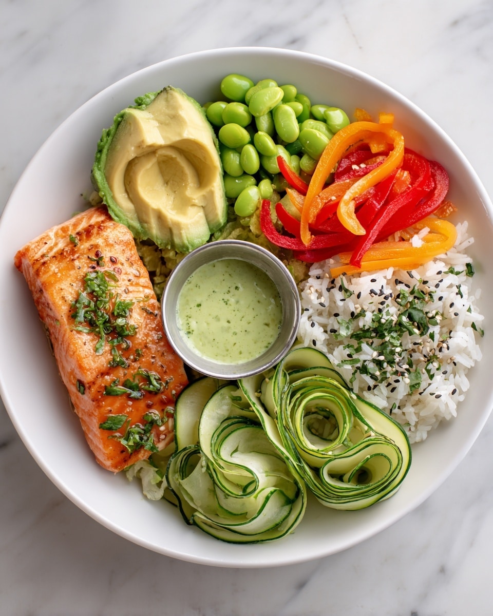The dish is served in a white bowl with a cooked salmon fillet at the bottom left, golden brown with some black pepper and green leaves on top. To the right of the salmon is a smooth half avocado with a small seed visible. Above the salmon is a small silver cup filled with light green sauce. On the top half of the bowl are bright green edamame beans on the left, thinly sliced orange and red bell peppers next to them, followed by long thin slices of light green cucumber rolled up, and white rice with some black and white sesame seeds scattered on it to the right. There are small green herb pieces sprinkled over parts of the dish. The bowl is placed on a white marbled surface. Photo taken with an iphone --ar 4:5 --v 7