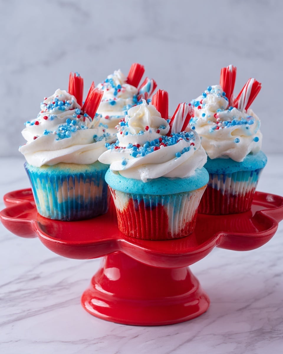 The image shows four cupcakes on a bright red, heart-shaped stand with scalloped edges. Each cupcake has three clear layers: the bottom layer is a blue cupcake liner, the middle layer is blue cake with a portion dyed red, and the top layer is a large swirl of white whipped cream frosting. Red candy stick pieces, arranged like a small bouquet or flames, stick out from the center of the frosting. Blue and red sprinkles are scattered on the white frosting, adding tiny pops of color. The background is a smooth white marbled texture. photo taken with an iphone --ar 4:5 --v 7