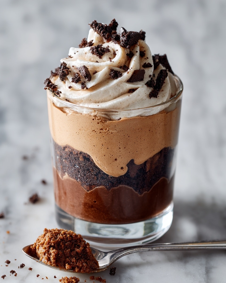 A clear glass cup holds a layered chocolate dessert; the bottom layer is a rich dark chocolate that looks soft and thick, followed by a light brown creamy mousse layer. On top, there is a swirl of pale brown whipped cream, decorated with small pieces of crushed dark chocolate cookies. The spoon scoop in the front shows a mix of all layers with a textured mix of smooth cream and cookie crumbs. The dessert is placed on a white marbled surface, with cookie crumbs scattered around. Photo taken with an iphone --ar 4:5 --v 7