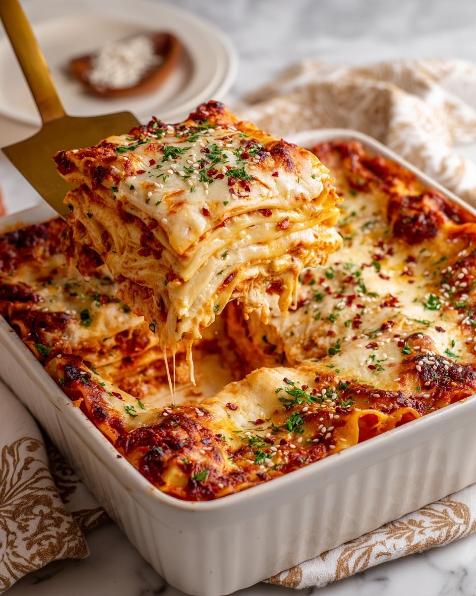 The image shows a white square baking dish filled with a layered lasagna cut into a square piece being lifted with a gold spatula. The lasagna has multiple beige pasta layers separated by reddish-orange sauce layers, topped with melted light yellow cheese sprinkled with green chopped herbs, white sesame seeds, and small red chili flakes. The cheese is slightly melted and bubbly with visible sauce dripping on the sides and bottom of the dish. The background is a white marbled surface with a beige cloth and a patterned napkin nearby. Photo taken with an iphone --ar 4:5 --v 7
