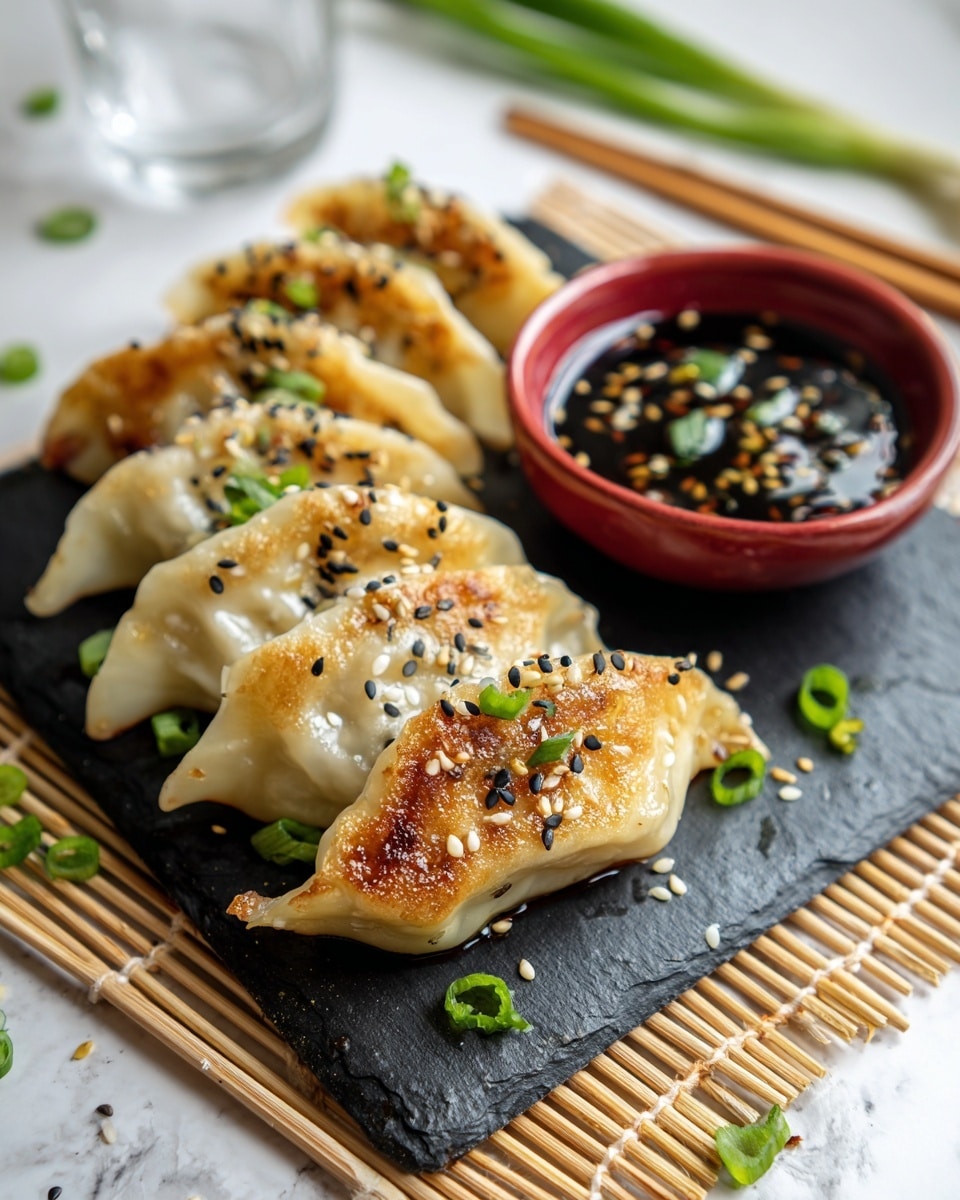 Three pan-fried spring rolls with a golden brown crispy texture are placed slightly overlapping on a black slate board, topped with scattered chopped green onions and white sesame seeds. A small white bowl filled with dark soy sauce and garnished with green onion slices and sesame seeds sits behind the spring rolls near the top right corner. The scene is set on a white marbled surface with a woven beige mat underneath, adding a natural and cozy feel. photo taken with an iphone --ar 4:5 --v 7