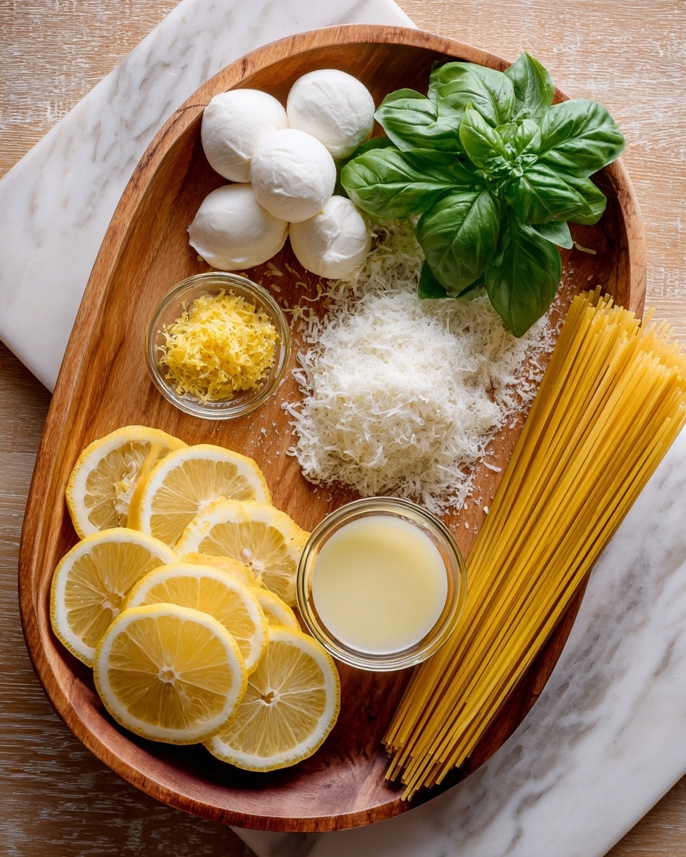 A wooden oval tray holds several ingredients: at the bottom left, six yellow lemon slices are stacked in a slight fan shape; above them, a heap of finely grated white cheese spreads in a small mound; to the right of the cheese, a small glass bowl contains pale yellow lemon juice; at the top left, three peeled garlic cloves are neatly placed; above the cheese, a small pile of fine yellow lemon zest sits next to a bright green bunch of fresh basil with detailed leaves. To the side of the tray, uncooked yellowish linguine pasta sticks out of a white bag, and behind the tray is a small, clear plastic container with two white balls of fresh mozzarella and a carton of organic heavy whipping cream. The tray is set on a wooden table with a white marbled surface underneath. Photo taken with an iphone --ar 4:5 --v 7