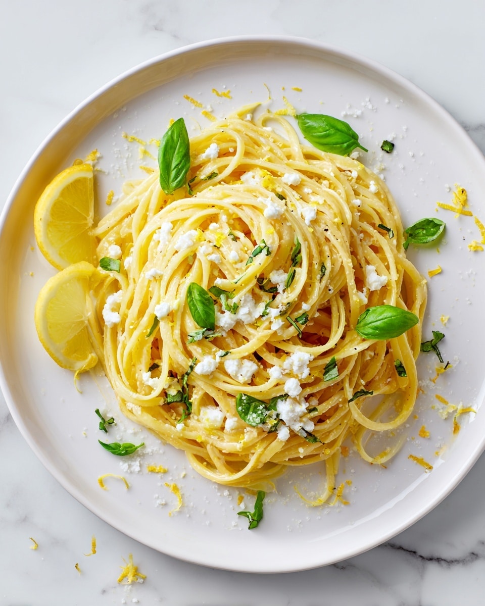 A white plate filled with a nest of light yellow pasta strands topped with white melted cheese spots and a few green basil leaves scattered throughout. On the left side of the plate, two thin lemon slices rest on top of the pasta. There are small bits of grated yellow lemon zest sprinkled on the pasta and around the plate edges. The background is a white marbled surface. photo taken with an iphone --ar 4:5 --v 7