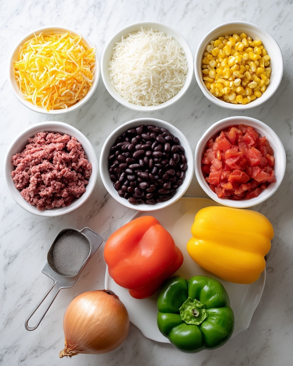 The image shows raw ingredients arranged neatly on a white marbled surface. There are six small white bowls and one silver measuring cup with rice. From top left to bottom right, the bowls contain shredded yellow and white cheese, instant rice in the measuring cup, taco seasoning powder, yellow corn kernels, black beans, a mix of red diced canned tomatoes, and raw ground beef on a white plate. Below the bowls, there is one whole brown onion and four whole bell peppers in orange, red, green, and yellow colors placed closely together. The items are spaced evenly with clear labels on each. Photo taken with an iphone --ar 4:5 --v 7