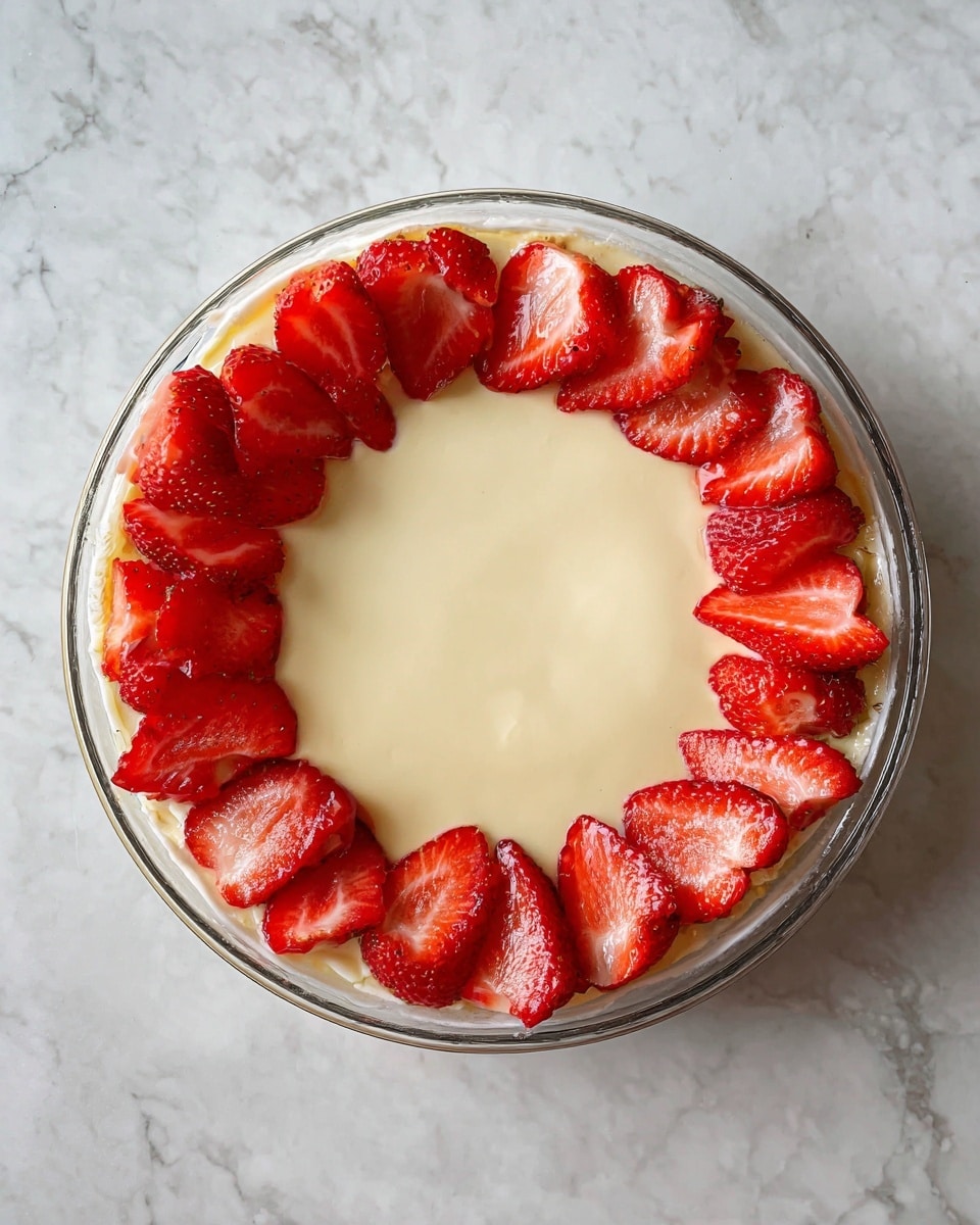 The image shows a clear glass bowl filled with a smooth, light yellow creamy mixture spread evenly inside. Around the edge of the bowl, there are thinly sliced red strawberries placed upright, creating a colorful border between the cream and the glass. The bowl is sitting on a white marbled surface. photo taken with an iphone --ar 4:5 --v 7
