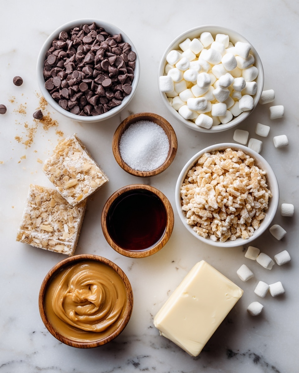 The image shows several small white bowls arranged on a white marbled surface, each filled with different ingredients. Starting from the top left, there is a bowl full of dark brown chocolate chips, below it a bowl of creamy white chocolate chips, and to the right of that bowl, there is another one filled with small white mini marshmallows, some marshmallows scattered outside the bowl. To the right of the white chocolate chips bowl is a bowl of light tan Rice Krispie cereal, with a few pieces spilled out onto the surface. Below the chocolate chips and cereal bowls are two small wooden bowls, one containing coarse white salt and the other holding a dark brown caramel syrup. Next to these wooden bowls is a small white bowl filled with creamy peanut butter, and next to that is an unopened stick of butter with its label visible. The ingredients are spaced evenly and labeled with clear black text. The photo taken with an iphone --ar 4:5 --v 7