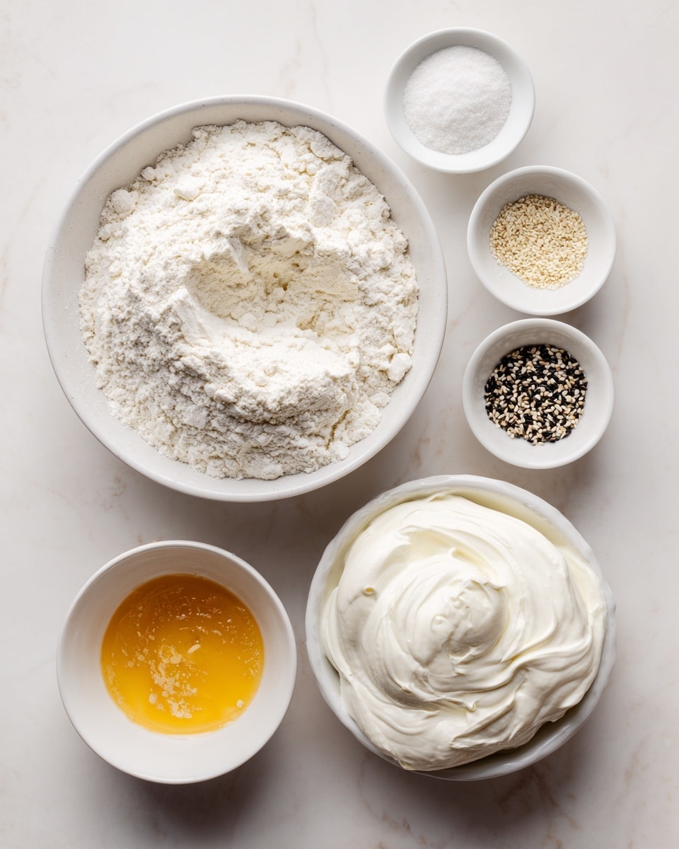 A white bowl in the center filled with white flour has a scoop taken from the middle, showing a soft texture. To the right, a white bowl holds a creamy, thick white yogurt with smooth swirls on top. Above the flour bowl, two small white bowls contain fine white powders that look like salt and baking soda. To the left side, a small white bowl contains a mix of black and white sesame seeds with some texture contrast. Below, another white bowl holds a beaten orange egg yolk mixture with a slightly frothy surface. All items are arranged neatly on a white marbled background, with soft natural lighting creating gentle shadows. Photo taken with an iphone --ar 4:5 --v 7