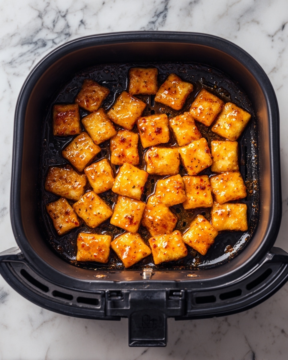 Inside a black air fryer basket, there are about twenty small, square pieces of food coated in a bright, shiny orange sauce. The pieces have a smooth texture with some slight crisp edges and are spread out evenly over the bottom surface of the basket. The sauce looks thick and glossy, covering each piece fully, and the basket itself has a few shiny spots from leftover sauce or oil. The background shows a white marbled surface. photo taken with an iphone --ar 4:5 --v 7
