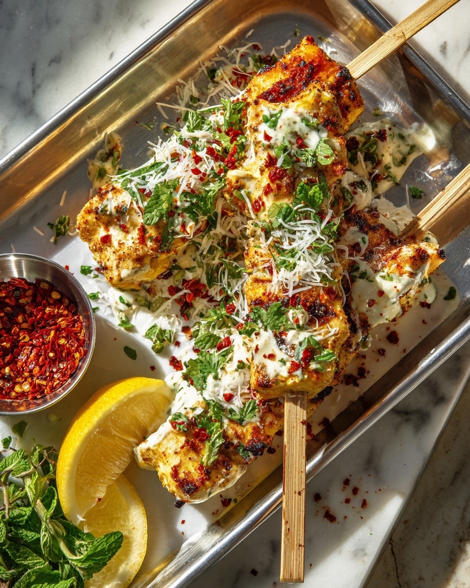 Three wooden skewers hold golden-brown grilled pieces on a metal tray with a white marbled texture underneath. The skewers are covered with a creamy white sauce mixed with small green herbs, topped with thin white cheese shreds, red chili flakes, and scattered fresh green herb leaves. In the bottom left corner, there are two bright yellow lemon wedges with a bunch of fresh green herbs. To the left of the tray, a small silver bowl holds red chili flakes on the white marbled surface. The photo shows part of the tray and food close up, with warm natural lighting. Photo taken with an iphone --ar 4:5 --v 7