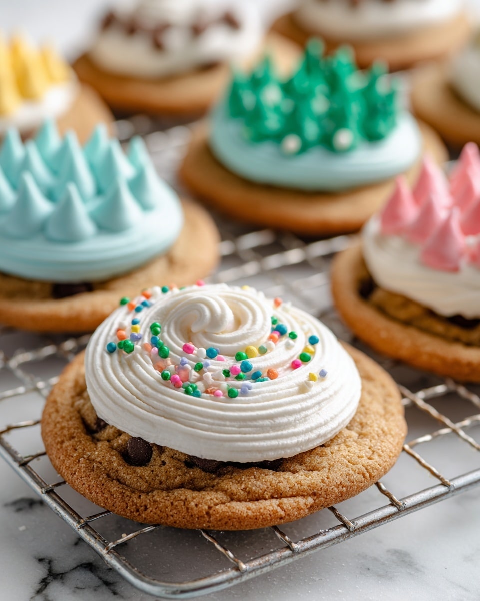 A close-up of a large chocolate chip cookie with a smooth white frosting swirl on top, decorated with small round colorful sprinkles that add bright dots of red, blue, yellow, green, and orange; the cookie has a golden brown textured surface with visible melted chocolate chips, placed on a silver cooling rack with other cookies blurred in the background; one cookie shows multicolor pink and blue dollops of frosting, and another has a white frosting center with dark chocolate sprinkles; all cookies rest on a pink surface with a white marbled texture faintly shown. photo taken with an iphone --ar 4:5 --v 7