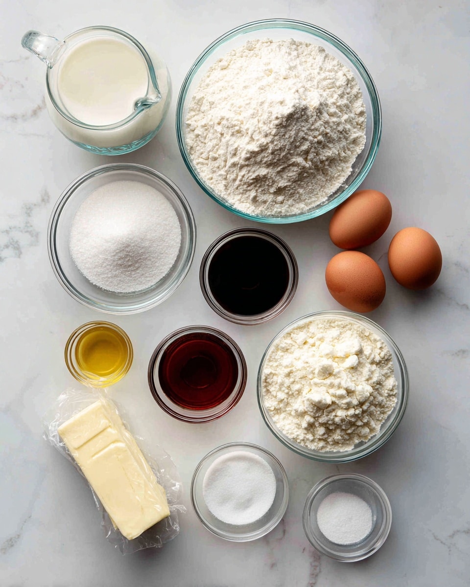 The image shows several clear glass bowls and containers arranged on a white marbled surface, each holding different baking ingredients. At the top is a large round bowl filled with fine white rice flour with a small pile in the center. Below it to the left is a smaller bowl of white granulated sugar and to the right is another bowl with a light, powdery white cornstarch. Further down are a small container of light yellow oil, a stick of melted butter wrapped in paper, a clear bowl of dark amber vanilla extract, and a small bowl of white baking powder. Also included are two brown eggs placed close side by side, a measuring jug filled with creamy white milk, a small bowl with white kosher salt, and a tiny bowl of white baking soda. All containers are simple and clear, placed neatly with good lighting. photo taken with an iphone --ar 4:5 --v 7