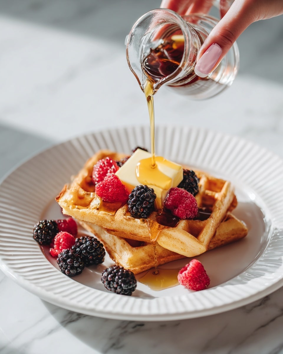 Two golden brown waffles stacked slightly off center on a large white plate with ridged edges, topped with a melting square of pale yellow butter in the middle of the top waffle. Bright red raspberries and dark purple blackberries are scattered on the waffles and around the plate. A woman's hand with light pink nails is pouring dark amber syrup from a clear glass pitcher onto the butter, creating a shiny dripping effect. The plate is set on a white marbled surface with soft natural lighting casting faint shadows. photo taken with an iphone --ar 4:5 --v 7