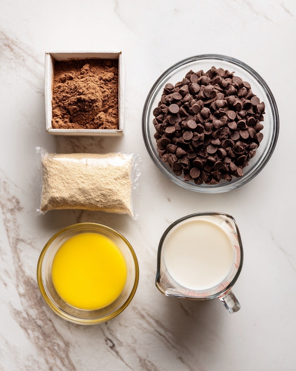 In the image, there are five ingredients laid out on a white marbled surface. Starting from the top right, there is a clear glass bowl filled with many dark brown chocolate chips. Below it, slightly to the left, is a white paper box opened to show brown pudding mix inside. To the left of the pudding box, there is a clear plastic bag filled with light brown cake mix. Below the cake mix, on the bottom left, is a small clear glass bowl filled with bright yellow melted butter. Finally, to the right of the butter, there is a clear measuring cup filled almost to the top with white milk. All the ingredients are spaced evenly and labeled with black text descriptions in a neat font. photo taken with an iphone --ar 4:5 --v 7
