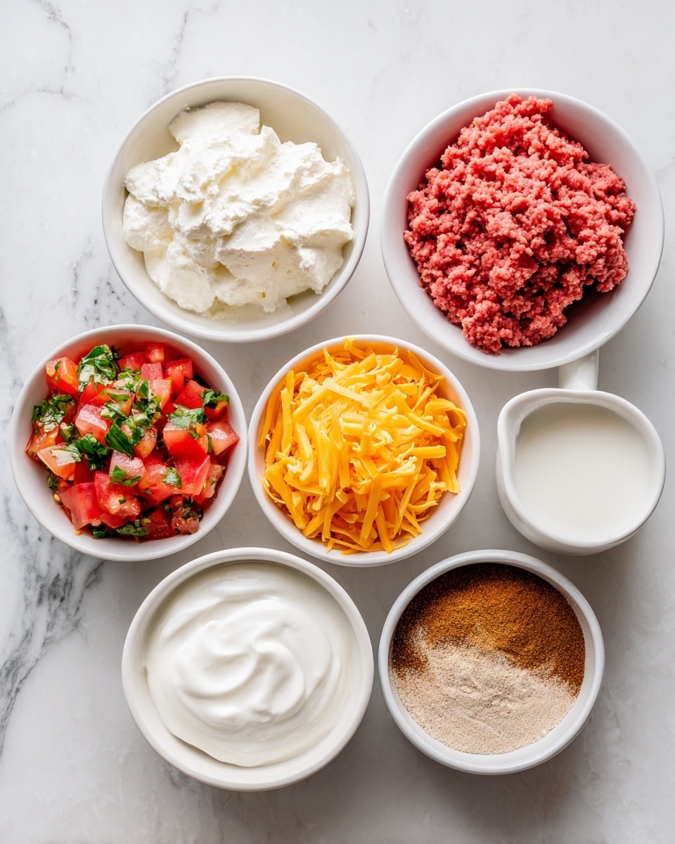 The image shows seven white bowls arranged neatly on a white marbled surface with each bowl containing a different ingredient. Starting from the top left, there is a bowl filled with creamy white cream cheese, next to it on the top right is a bowl with raw pink ground beef. Below the cream cheese is a bowl filled with shredded orange cheddar cheese, and next to it, in the middle right, is a small white cup holding white milk. On the bottom left is a bowl containing chunky red diced tomatoes mixed with green herbs, next to it in the center is a bowl with smooth white plain Greek yogurt, and on the bottom right is a bowl filled with a light brown powder of taco seasoning. The ingredients give a colorful and fresh impression. Photo taken with an iphone --ar 4:5 --v 7