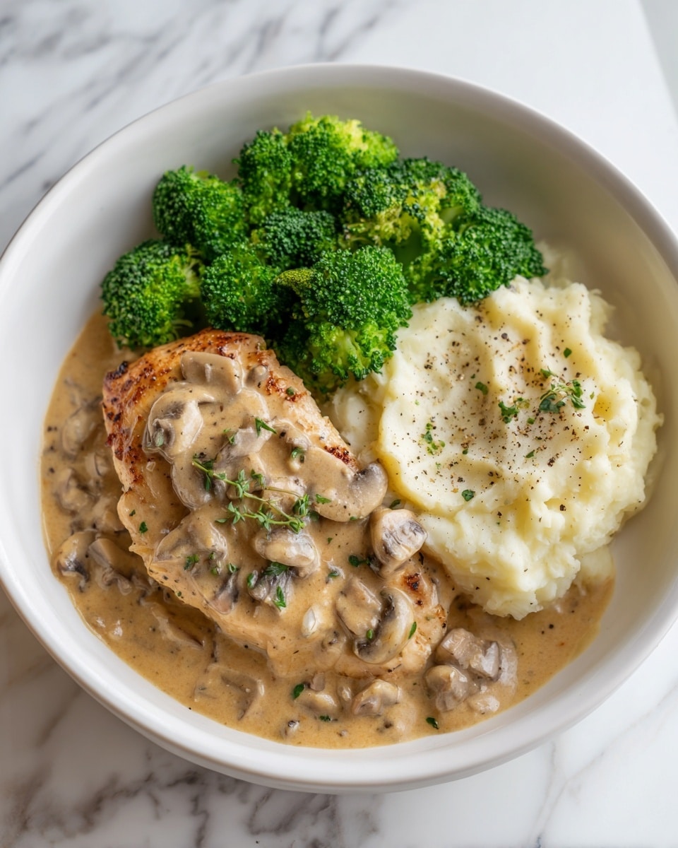 This dish is presented in a white bowl with three main parts: bright green broccoli florets on the top right, smooth white mashed potatoes sprinkled lightly with black pepper on the right, and a thick piece of light brown cooked chicken covered with creamy beige mushroom sauce in the bottom left. The sauce has visible small mushroom pieces and is garnished with tiny green herb bits. The bowl is placed on a white marbled surface. photo taken with an iphone --ar 4:5 --v 7