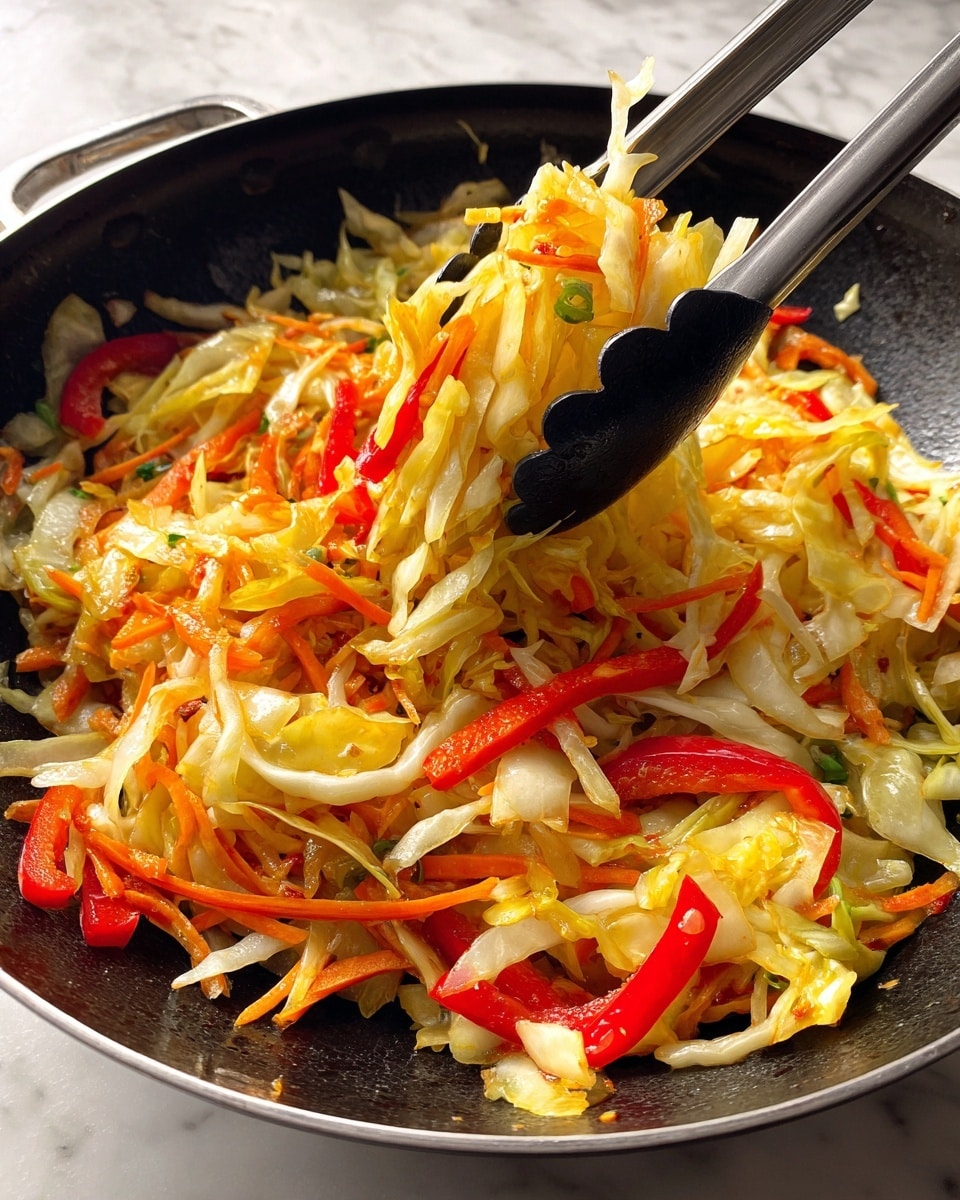 A black pan filled with a colorful stir fry of thin, light yellow cabbage layers mixed with thin orange carrot strips and thin red bell pepper strips; a pair of metal and black tongs is lifting a clump of the vegetables, showing their soft and slightly shiny texture under bright light, with the background changed to a white marbled texture photo taken with an iphone --ar 4:5 --v 7