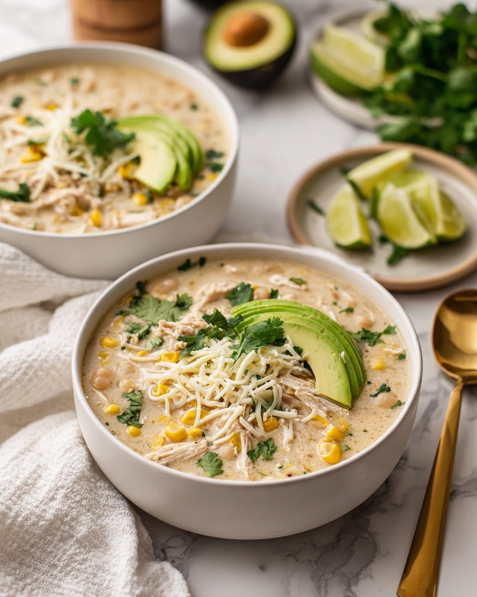 Two white bowls filled with a creamy soup that has visible chunks of shredded chicken, white beans, and corn, giving it a light beige and yellow color with a soft texture. Each bowl is topped with a layer of shredded white cheese, thin slices of bright green avocado arranged on one side, and fresh green cilantro leaves scattered on top. In the background, there is a white marbled surface with a white cloth underneath the bowls, a wooden spoon with a golden head resting nearby, and a small plate with a wedge of lime and cucumber slices. The overall scene is warm and inviting, with natural light enhancing the fresh colors. photo taken with an iphone --ar 4:5 --v 7
